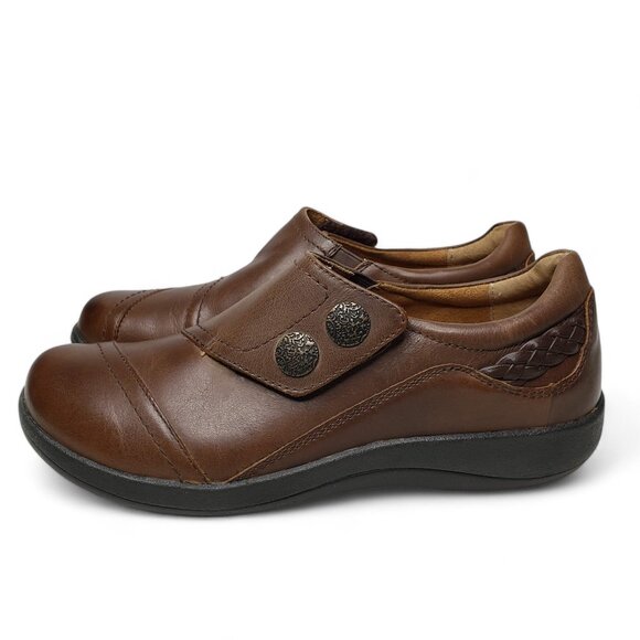 Aetrex Karina Leather Loafers Women's Monk Strap Engraved Button Brown Shoe 7 - Picture 3 of 11